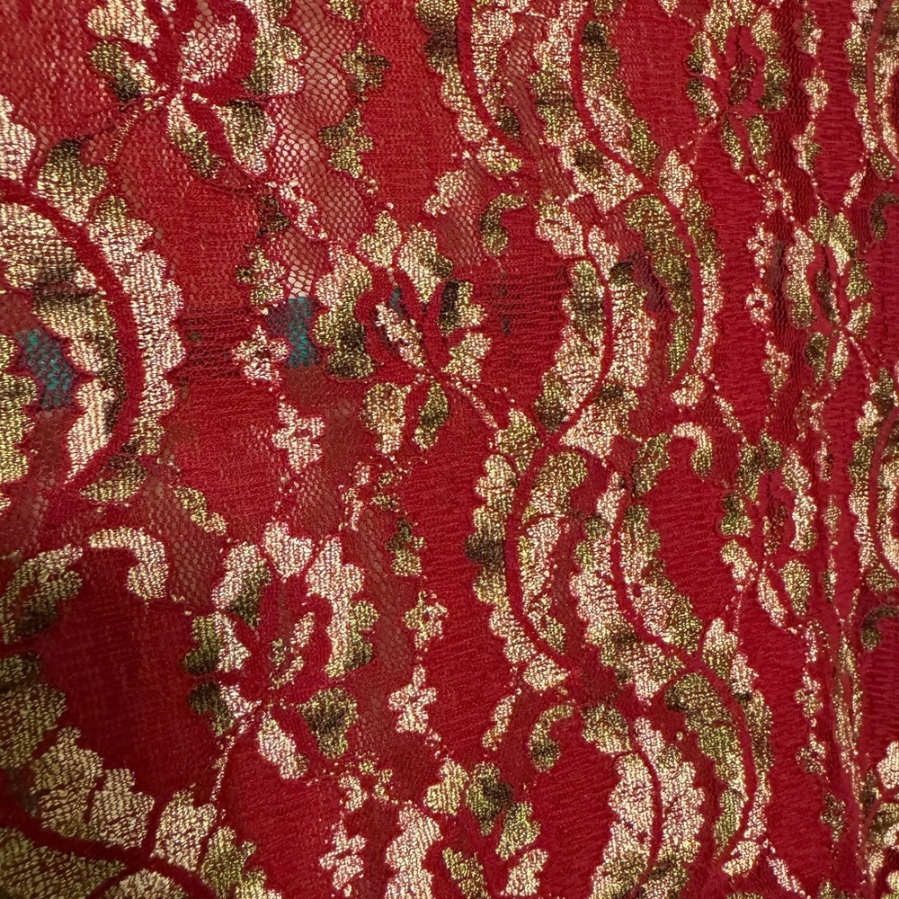 LuLaRoe Shirley Kimono Red Raspberry/Gold Lace Knit Open Front  Sweater Size Lar - Picture 9 of 11